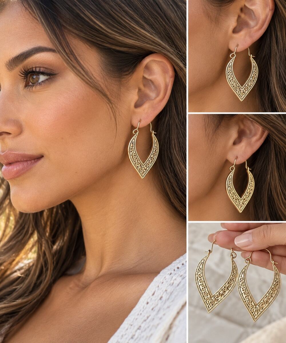 Vintage Style Gold Teardrop Earrings Ornate Filigree Dangle Statement Jewelry